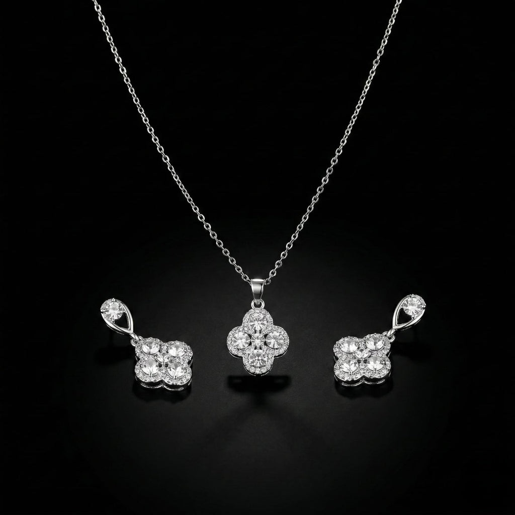 Crystal Clover Pendant Necklace & Earrings Set