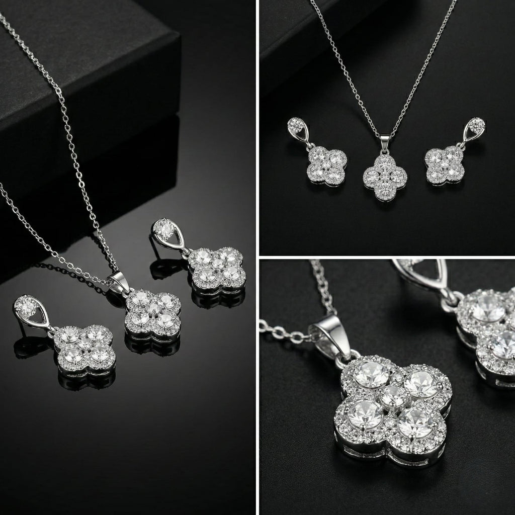 Crystal Clover Pendant Necklace & Earrings Set