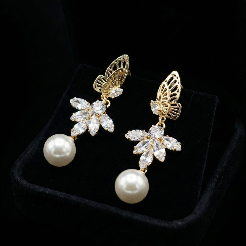 Golden Butterfly Pearl Earrings