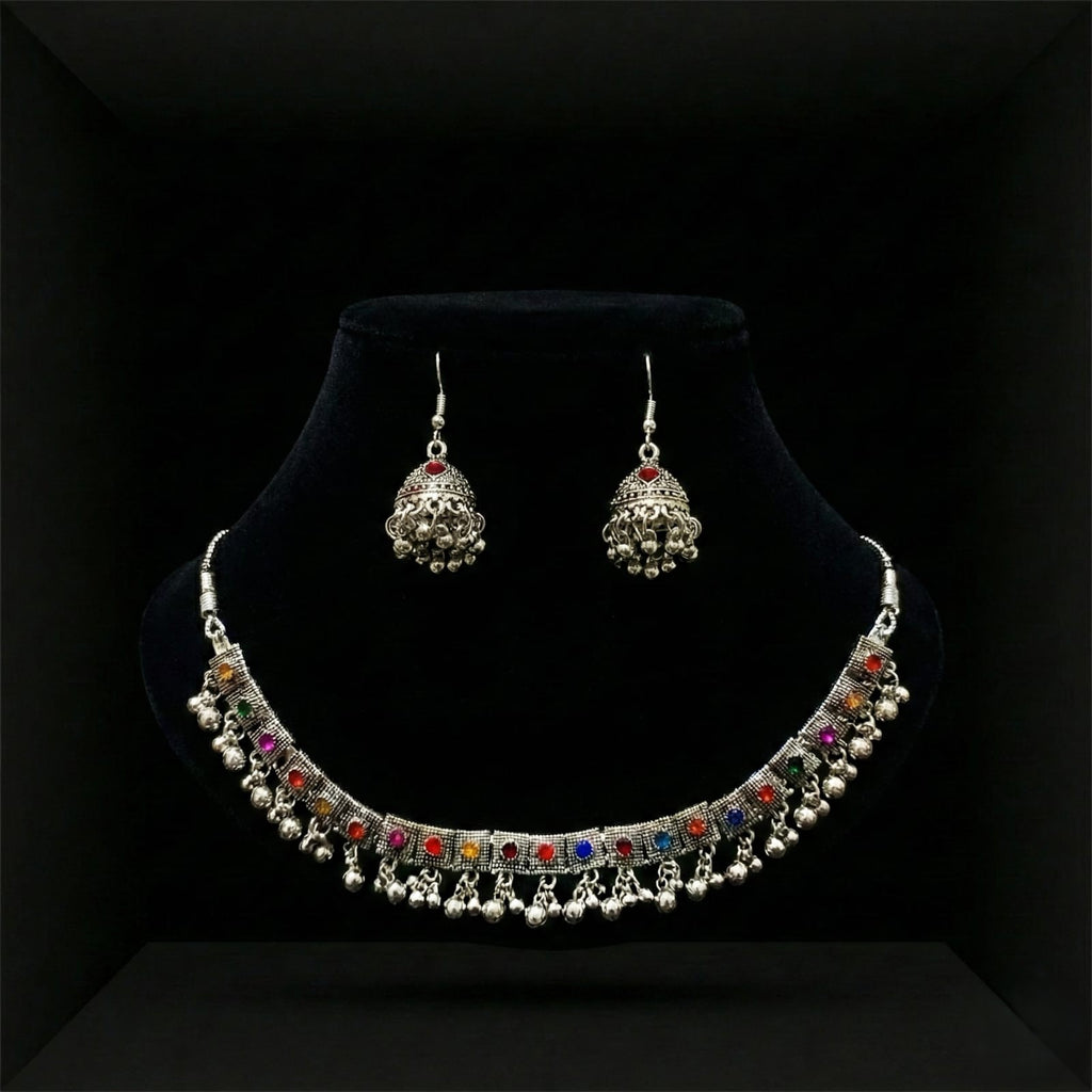 Tribal Silver Necklace Set with Jhumka Earrings