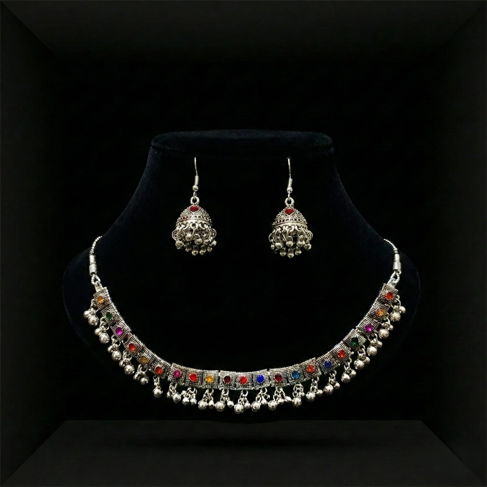 Tribal Silver Necklace Set with Jhumka Earrings