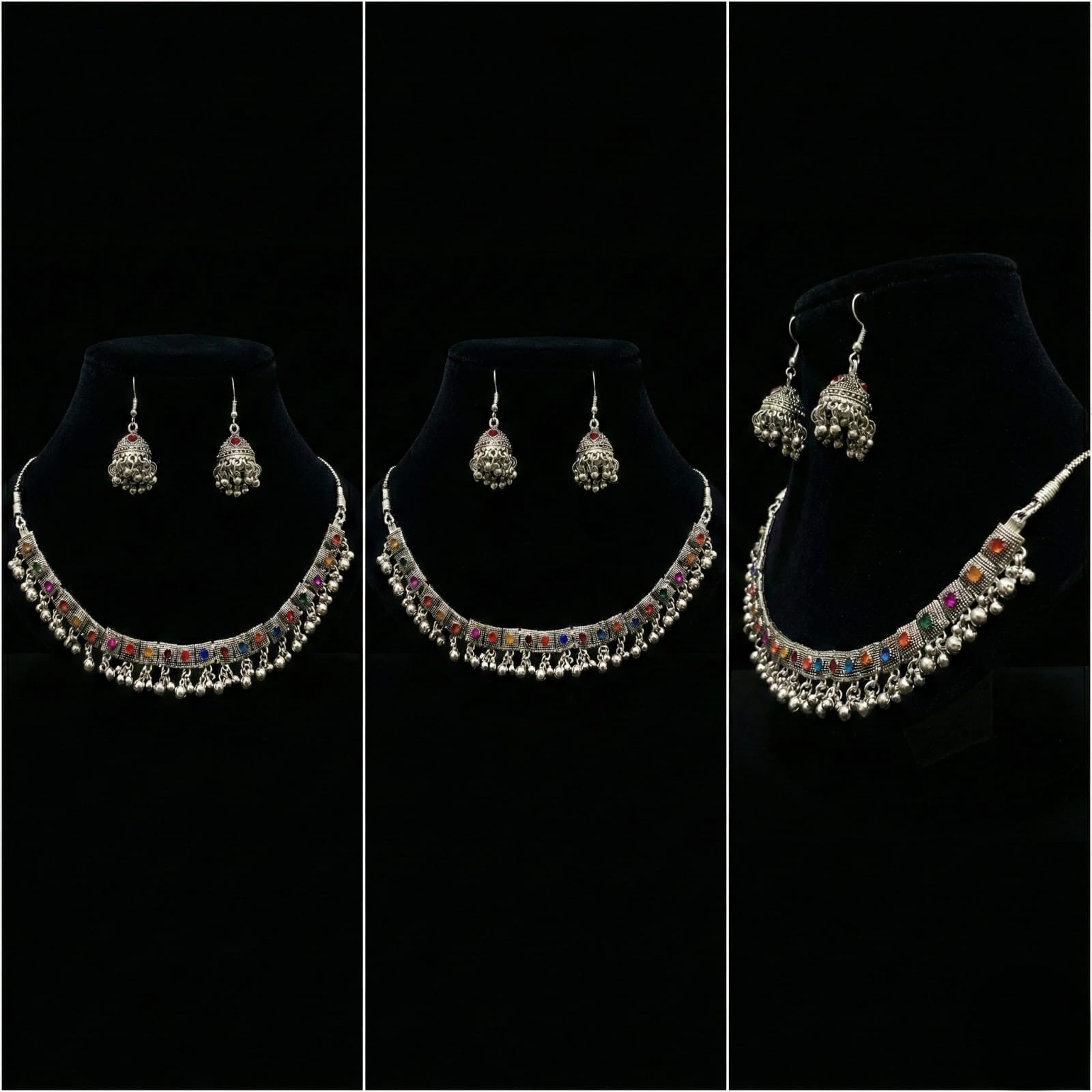 Tribal Silver Necklace Set with Jhumka Earrings