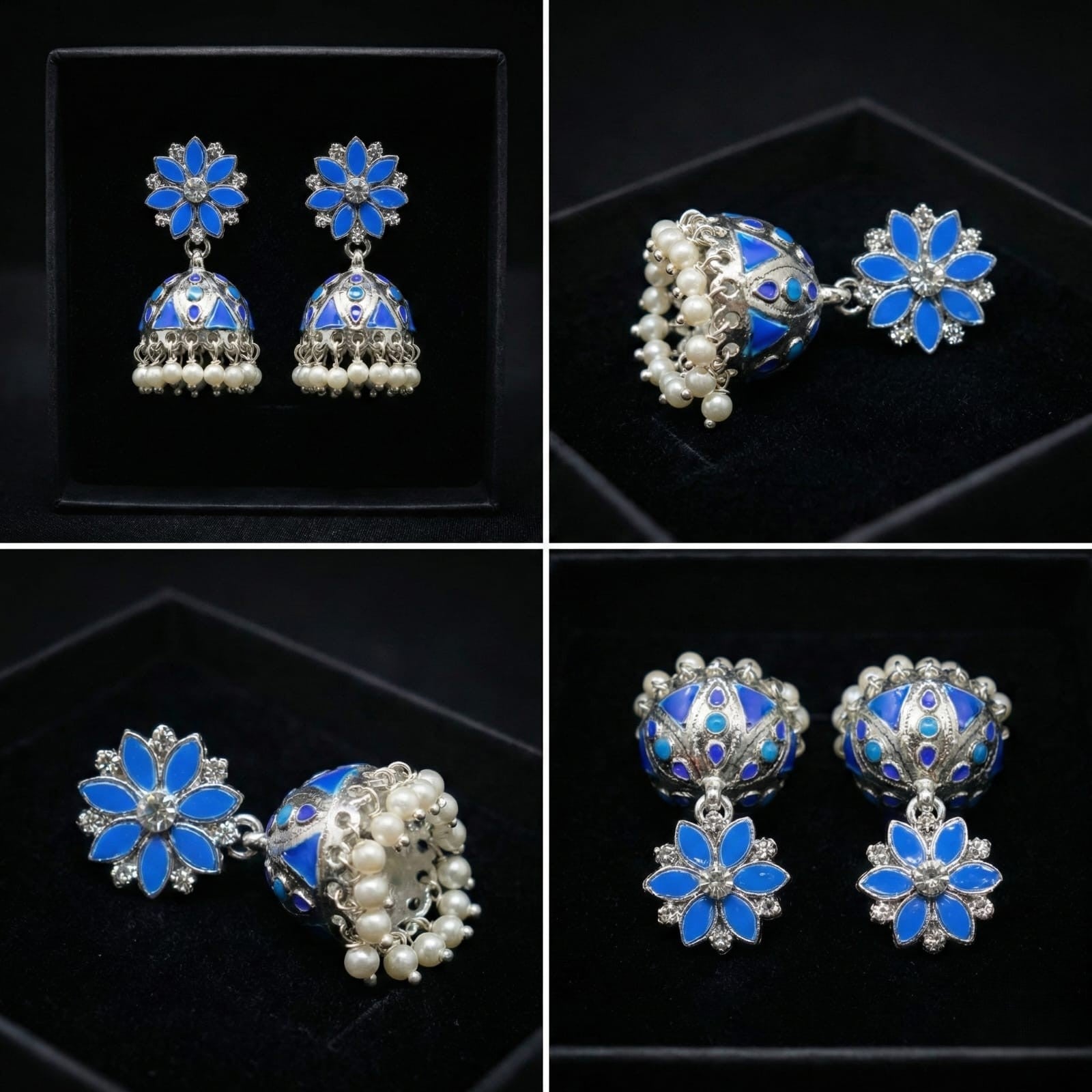 Royal Blue Floral Jhumka Earrings