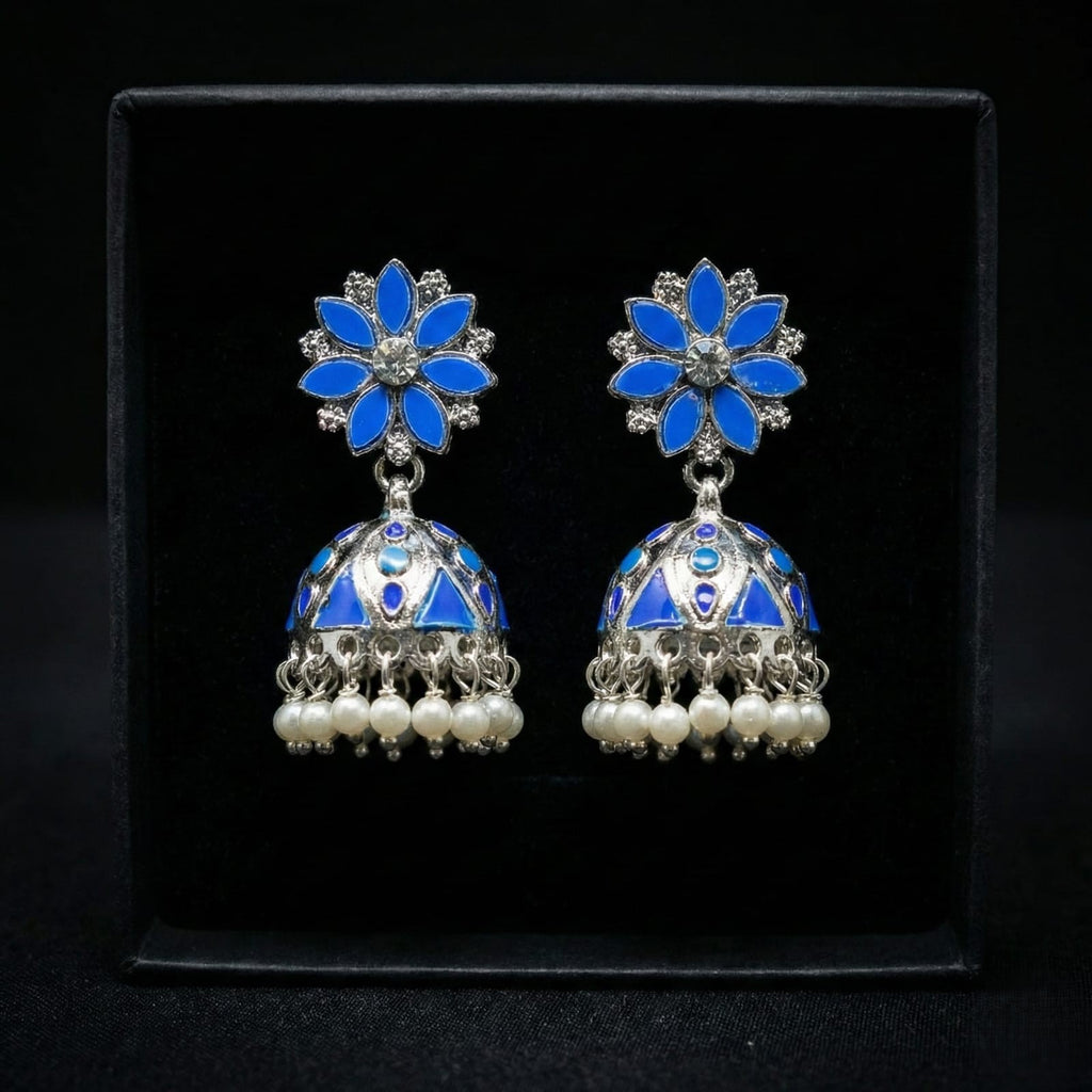 Royal Blue Floral Jhumka Earrings