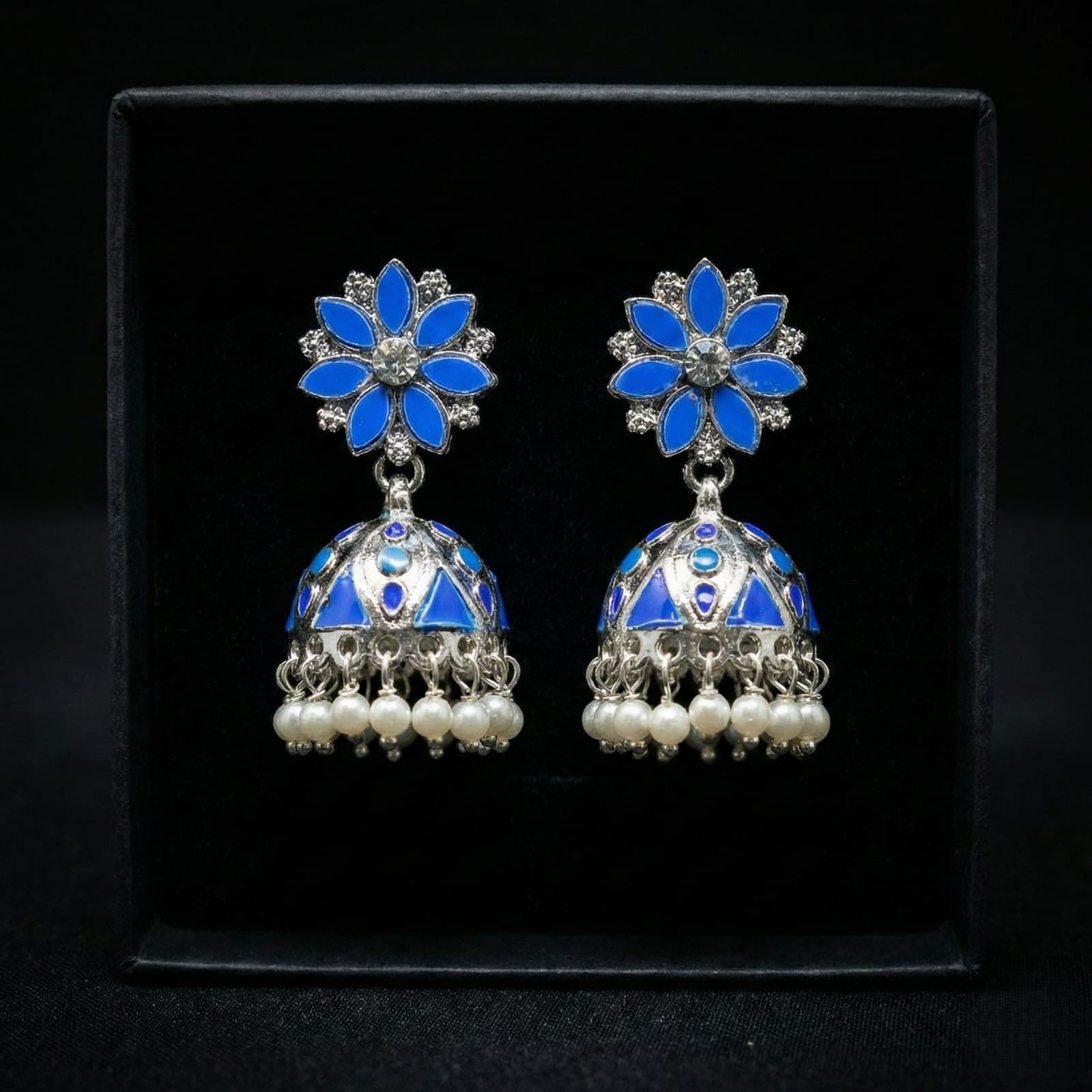 Royal Blue Floral Jhumka Earrings