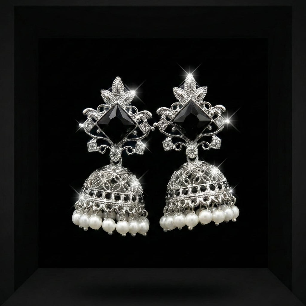 Midnight Pearl Silver Jhumka Earrings