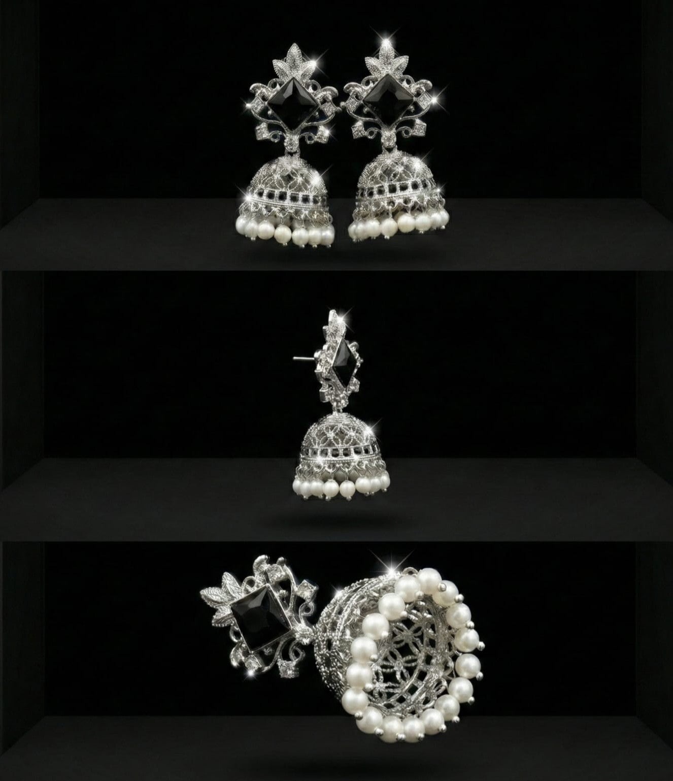 Midnight Pearl Silver Jhumka Earrings