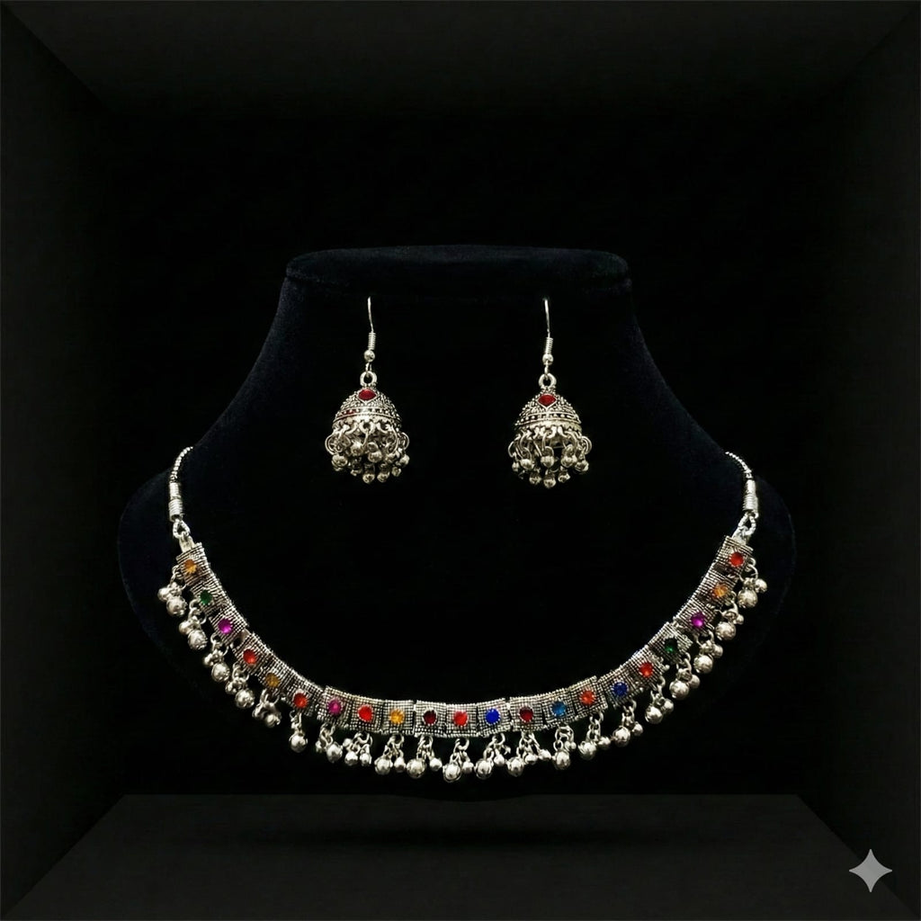 Tribal Silver Necklace Set with Jhumka Earrings