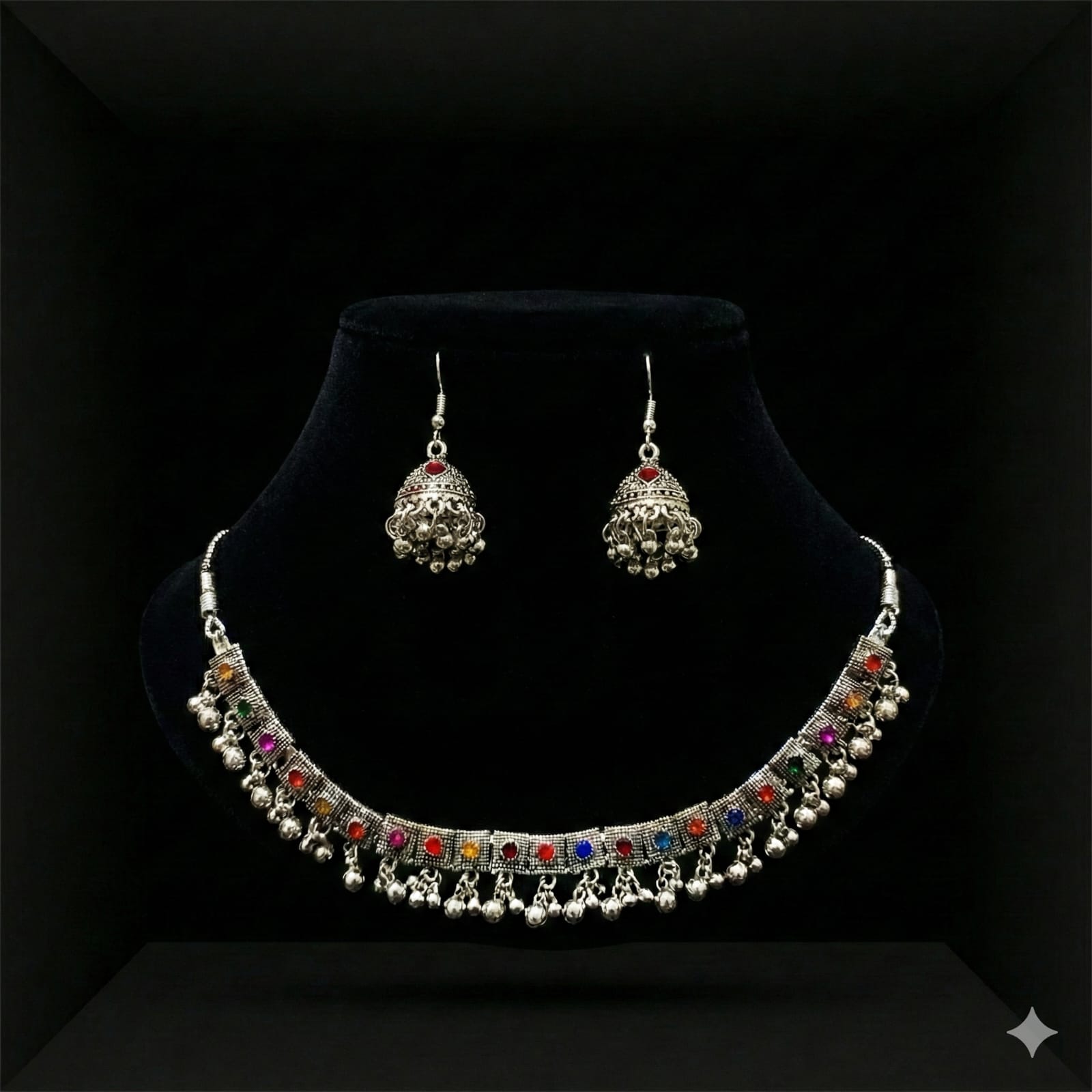 Tribal Silver Necklace Set with Jhumka Earrings